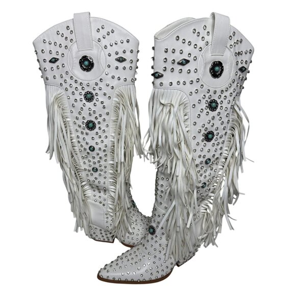Azalea Wang Shoes - NWT Azalea Wang Bennett White Rhinestone Fringe Western Boots Glam Cowgirl